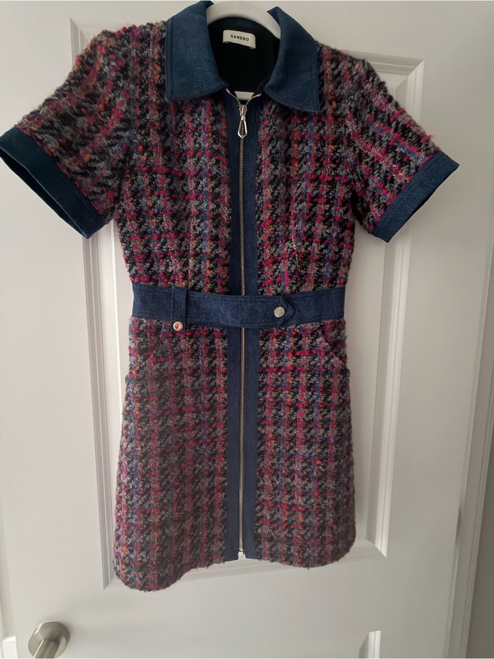 Sandro Pink & Blue Tweed Short-Sleeve Dress with Denim Trim - Picture 2 of 5